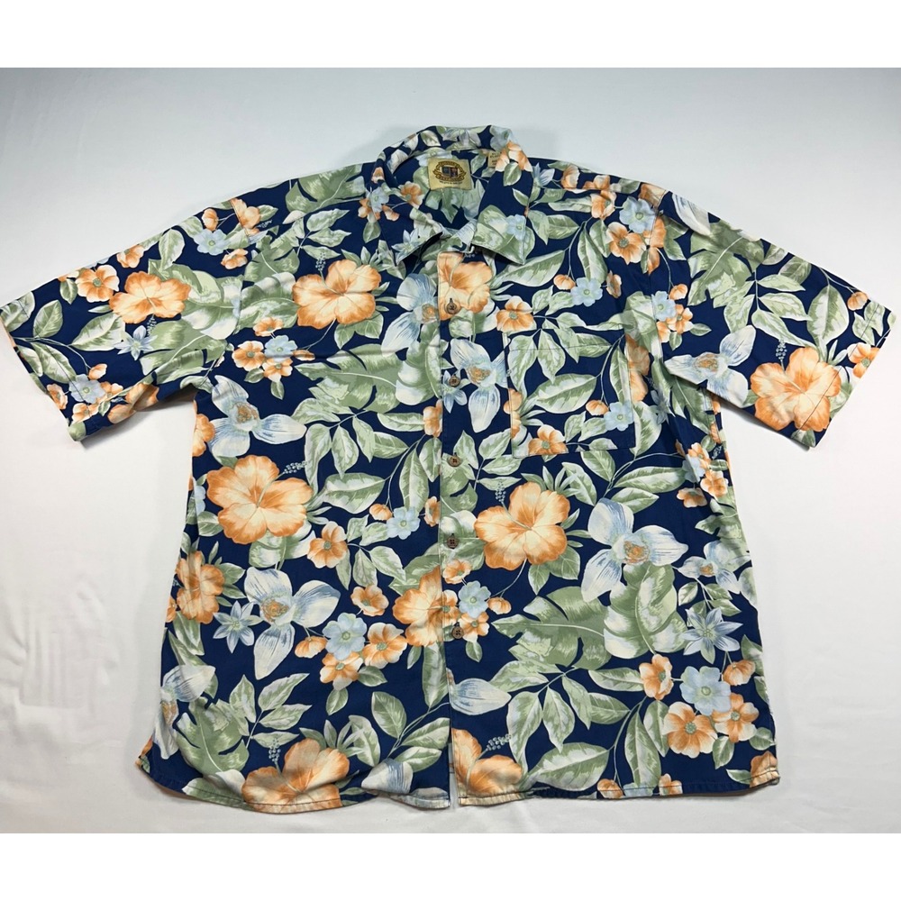 Pusser's West Indies Mens Large Silk‎ Cotton Tropical Floral Hawaiian Shirt Blue
